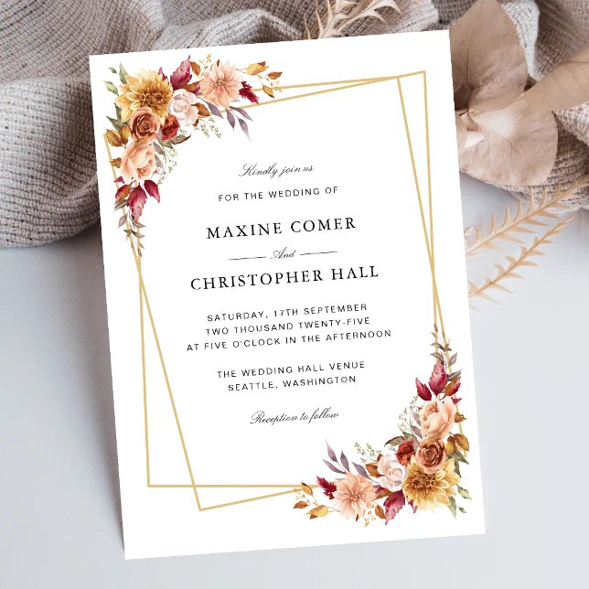 Burgunderröd akvarellblomma Geometrisk Bröllop Inbjudningar (Personalized burgundy floral geometric invitation sets an elegant tone for your wedding.)