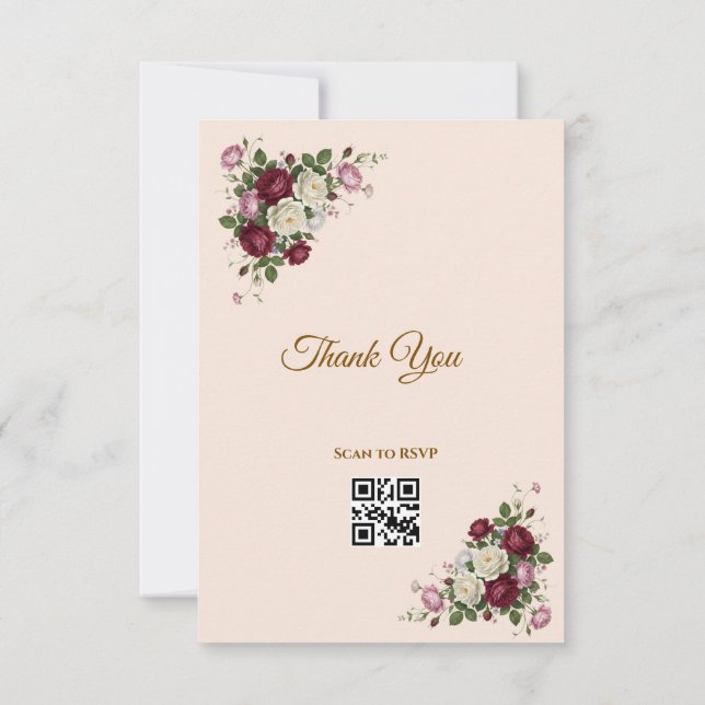 Burgunderröd Blommig Guld RSVP QR-kod Kort (Baksida)