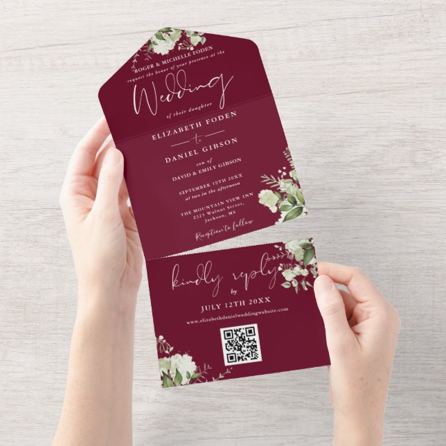 Burgunderröd Blommig QR-kod Formell Bröllop (Avrivbar del)
