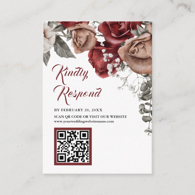 Burgunderröd Blommig QR-kod RSVP Bröllopswebbplats Tilläggskort (Framsida)