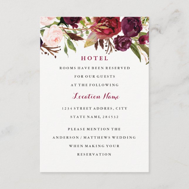 Burgunderröd blomster höstbröllop hotellkort tilläggskort (Framsida)