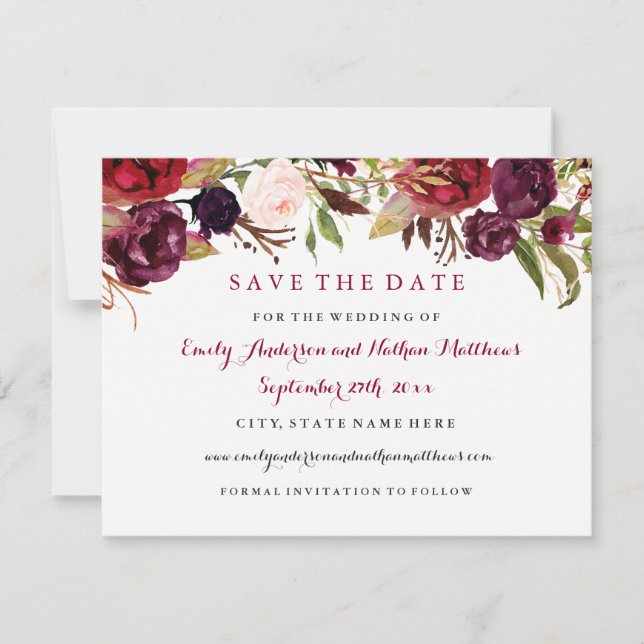 Burgunderröd blomster höstbröllop Save The Date Spara Datumet (Framsida)