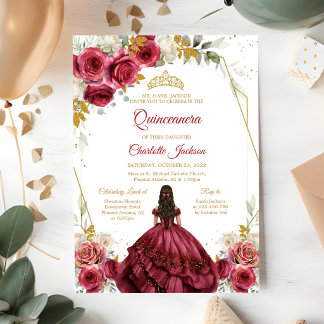 Burgunderröd blomster-quinceanera-födelsedag inbjudningar