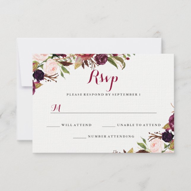 Burgunderröd blomsterbröllop RSVP höst OSA Kort (Framsida)