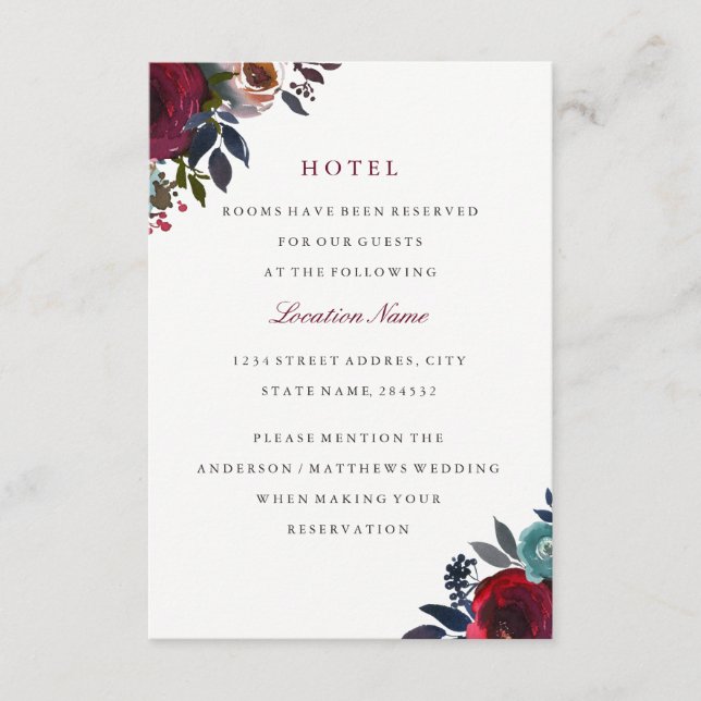 Burgunderröd blomsterbröllops hotellackommodation tilläggskort (Framsida)