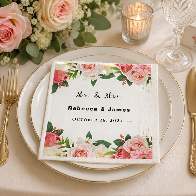 Burgunderröd blomstergeometrisk ram bröllop  pappersservett (Skapare uppladdad)