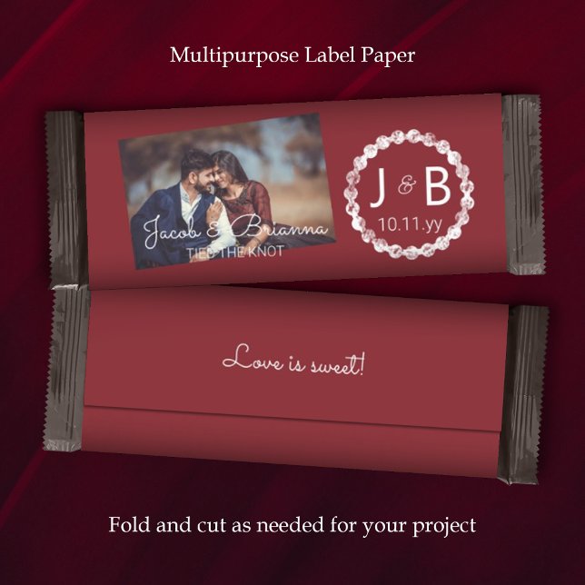 Burgunderröd bröllops godisbarnhölje med foto (burgundy dark red maroon wedding chocolate candy bar wrapper paper label party favor personalized)