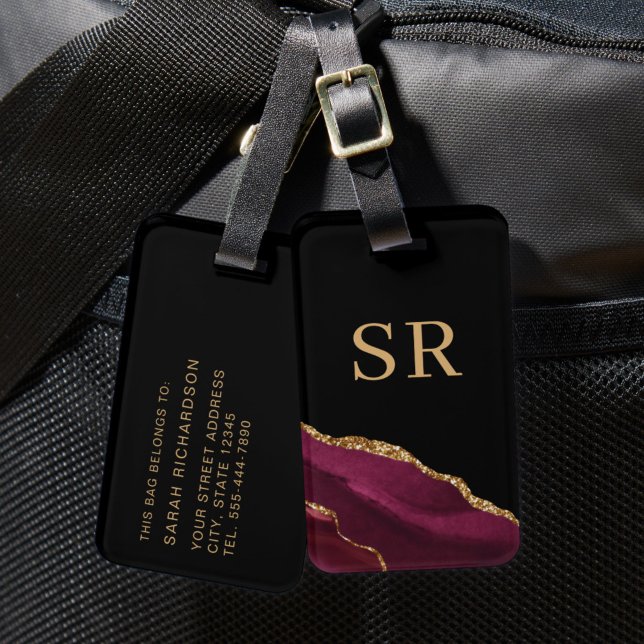 Burgunderröd Guld Agat Monogram Bagagebricka (Skapare uppladdad)