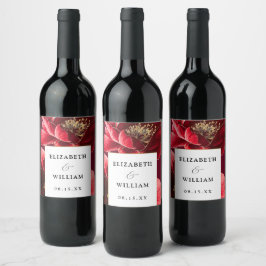 Burgunderröd guldblommig elegant modern bröllopsde vinflaska etikett