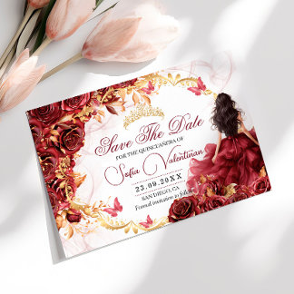 Burgunderröd guldblommig Quinceanera Spara Datumet