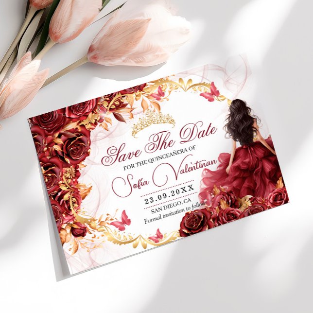 Burgunderröd guldblommig Quinceanera Spara Datumet (Skapare uppladdad)