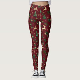 Burgunderröd jul berry, Guld renar Leggings