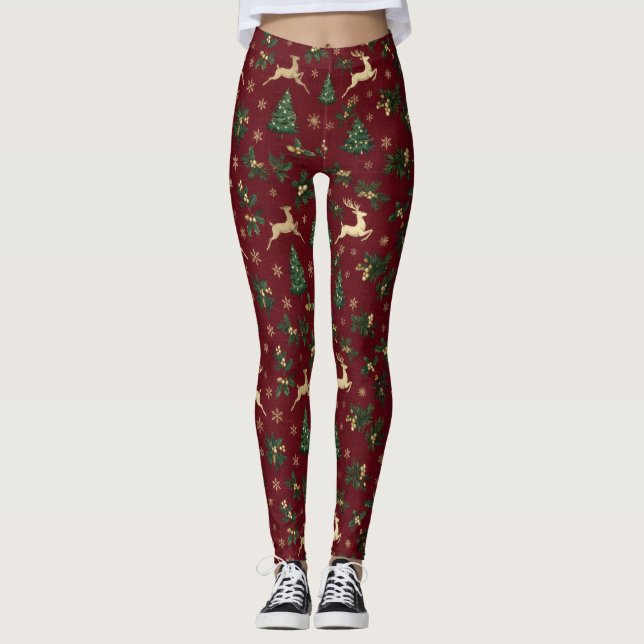 Burgunderröd jul berry, Guld renar  Leggings (Framsida)