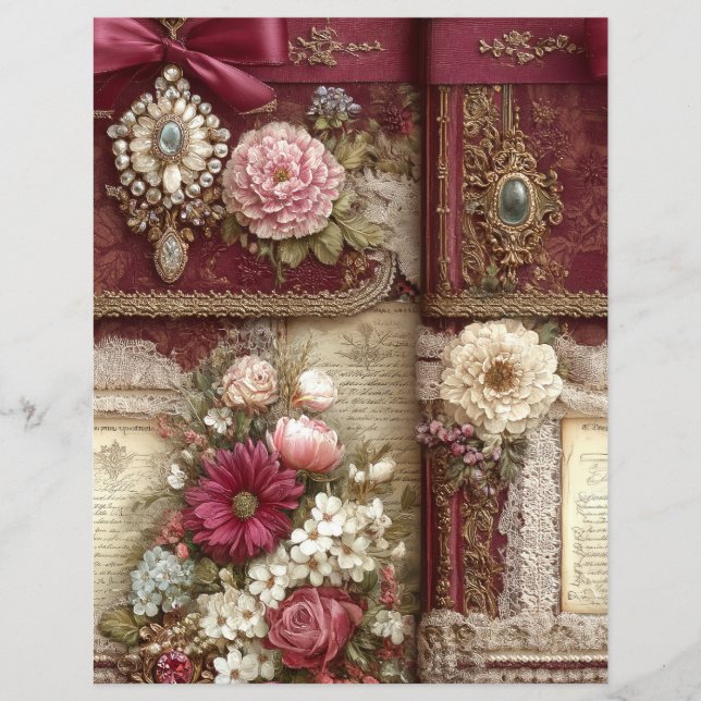 Burgunderröd krämsopt Junk Journal Scrapbookpapper (Framsida)