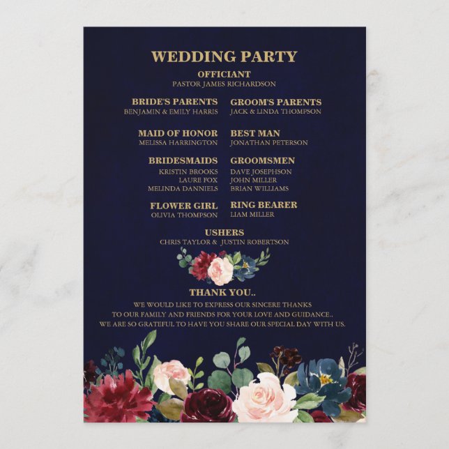 Burgunderröd Marin Blommig Rustik Boho Fläkt Bak Program (Framsida)