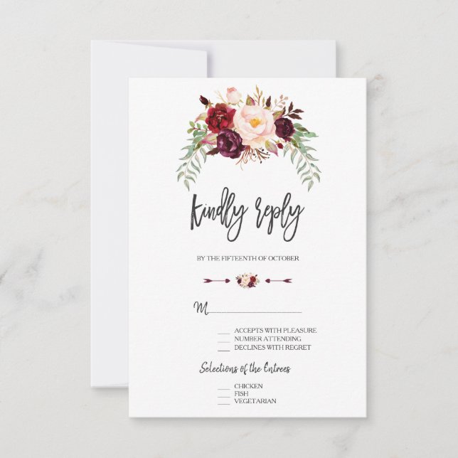 Burgunderröd Marsala Blommig Handstavad RSVP OSA Kort (Framsida)