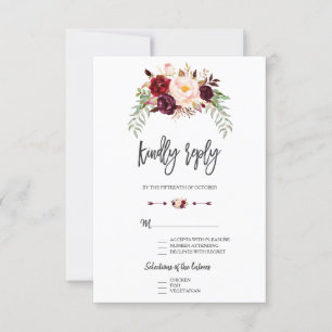 Burgunderröd Marsala Blommig Handstavad RSVP OSA Kort