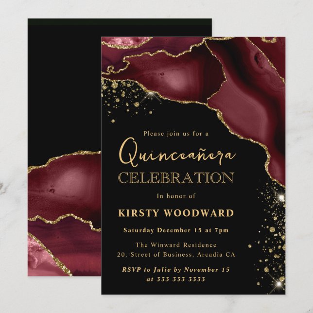 Burgunderröd och guldglittrande Agate Quinceanera Inbjudningar (Fram/baksida)