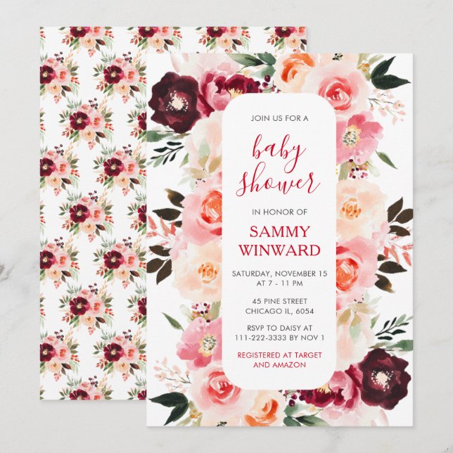 Burgunderröd och rosablommig baby shower inbjudningar (Fram/baksida)