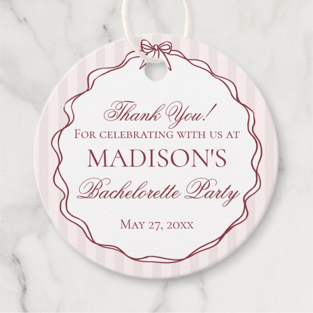 Burgunderröd och svart möhippa gåvor etiketter (Framsida)