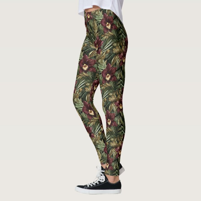 Burgunderröd orkidé blomstergit tropisk  leggings (Vänster)