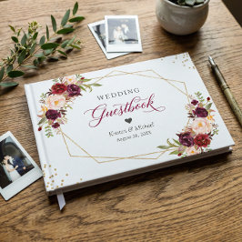 Burgunderröd rosande blomster guld geometrisk bröl gästböcker