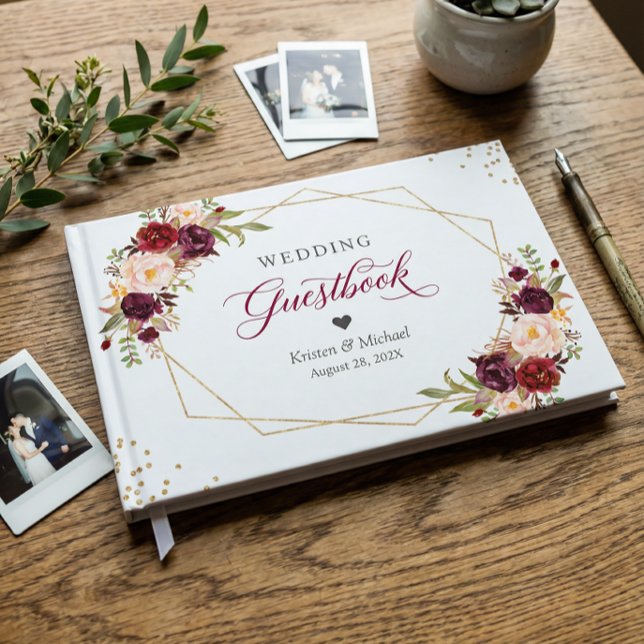 Burgunderröd rosande blomster guld geometrisk bröl gästböcker (Skapare uppladdad)