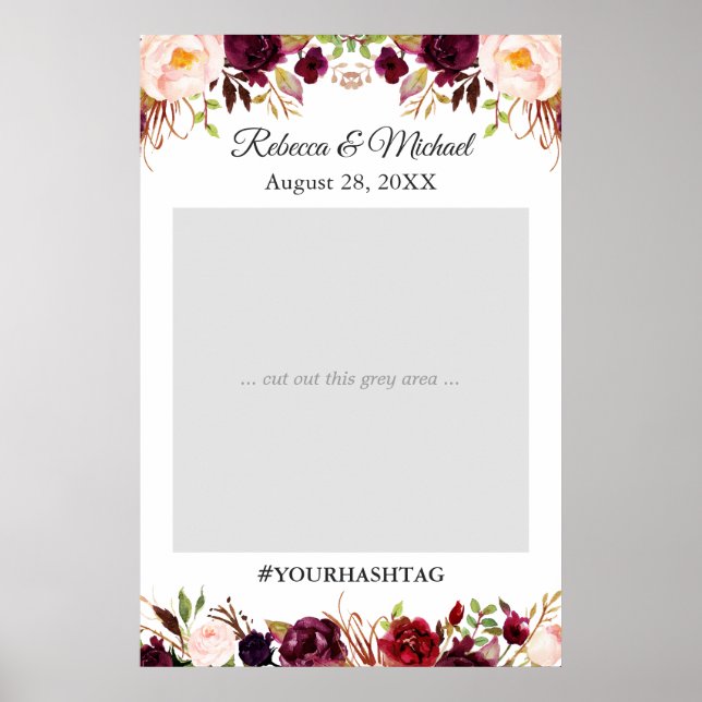 Burgunderröd rosé floral bröllopsfotopropp poster (Framsidan)
