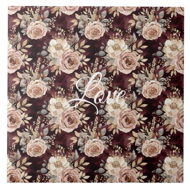Burgunderröd rosenskiftande blomvävning bröllop kakelplatta (Framsidan)