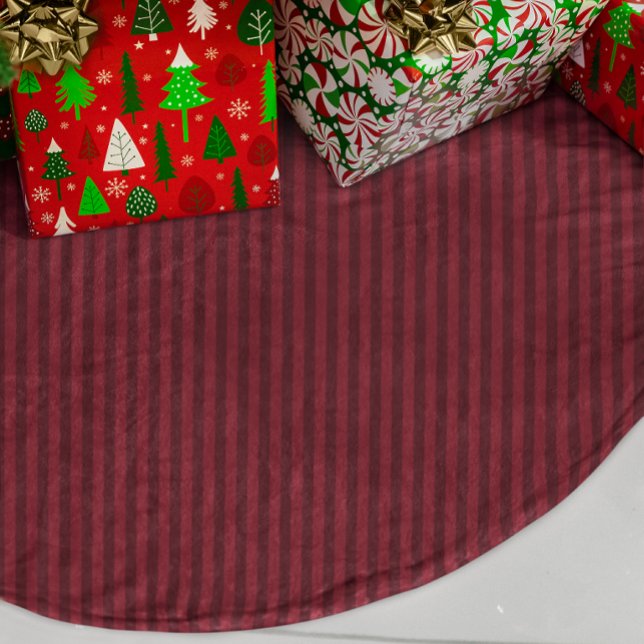 Burgunderröd tunn rand julgransmatta fusklinne (Burgundy Red Thin Stripe Faux Linen Tree Skirt)