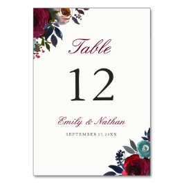 Burgunderröda akvarellblommor till tabellnummerkor bordsnummer