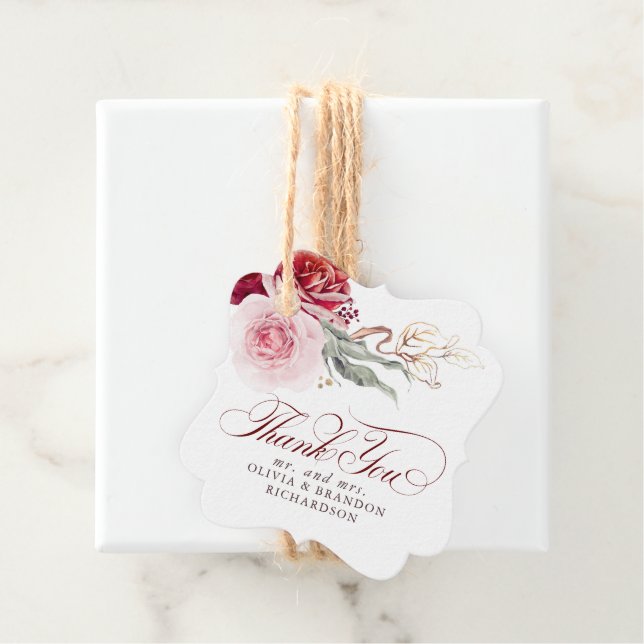 Burgunderröda blommor Elegant Boho Tack Gåvor Etiketter (På plats)