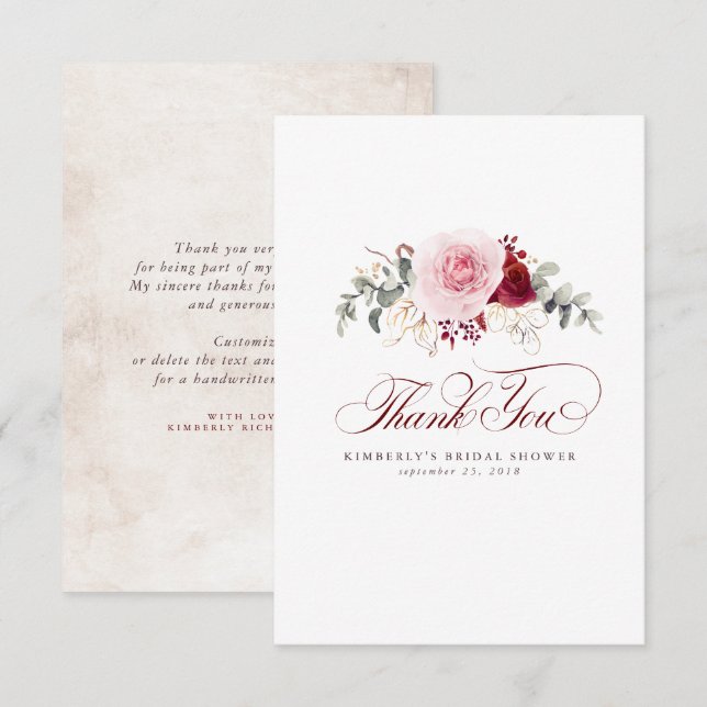 Burgunderröda blommor Elegant litet tack Kort (Fram/baksida)