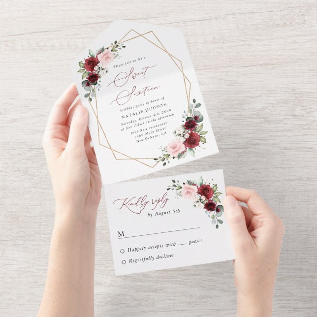 Burgunderröda blommor, rosa blommor, Sweet 16 (Avrivbar del)