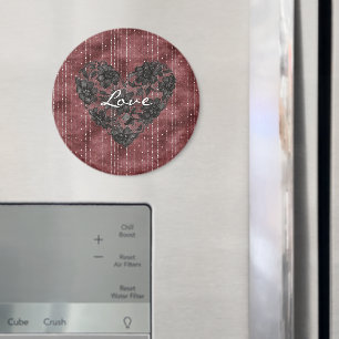 Burgunderröda ränder Svart konstläder Blommig hjär Magnet