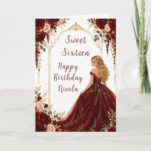 Burgunderröda rosor Sweet Sixteen guldparty Kort