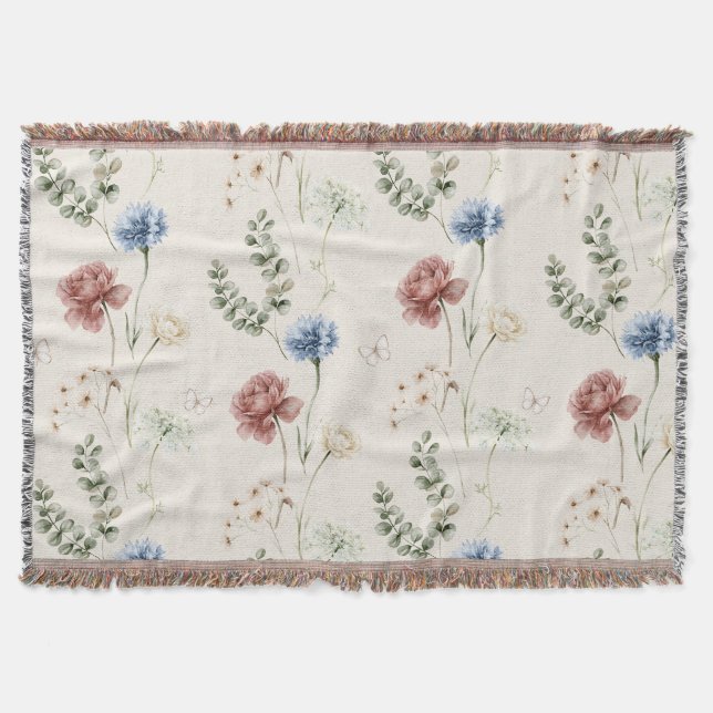 Burgunderros Blå Vita Blommor Fjäril Filt (Framsidan)