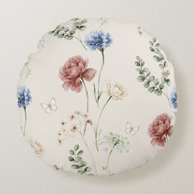 Burgunderros Blå Vita Blommor Fjäril Rund Kudde (Framsidan)