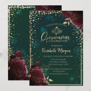 Burgunderrosor, guldtiara, Quinceañera av diamante Inbjudningar