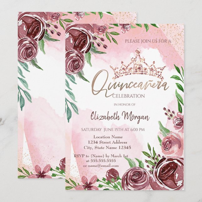 Burgunderrosor Kronar Quinceañera  Inbjudningar (Fram/baksida)