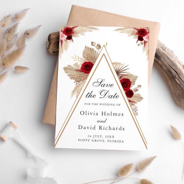 Burgunderrosor Pampasgräs Save the Date Spara Datumet (Burgundy Roses and Pampas Grass Save the Date Card on a table surrounded with pampas grass.)