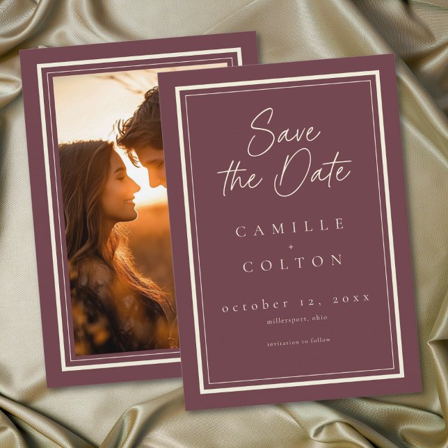 Burgundervin Minimalistisk Ram Bröllopsfoto Spara Datumet (Burgundy Wine Minimalist Frame Wedding Photo Save The Date)