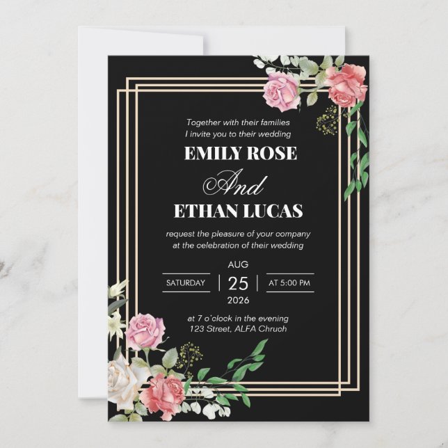Burgundervin Röda Rosa Blommig Monogram Inbjudningar (Framsida)