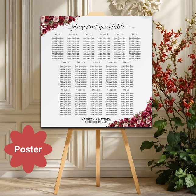 Burgundi Blommigt 16 Bord Bröllop säte Poster (Skapare uppladdad)