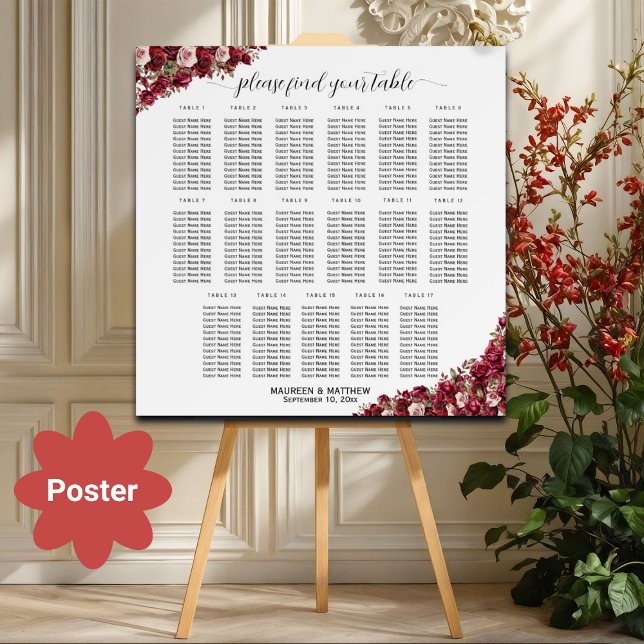 Burgundi Blommigt 17 Bord Bröllop Sittplats Poster (Skapare uppladdad)