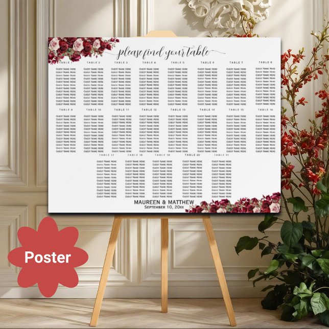 Burgundi Blommigt 21 Bord Bröllop säten Poster (Skapare uppladdad)