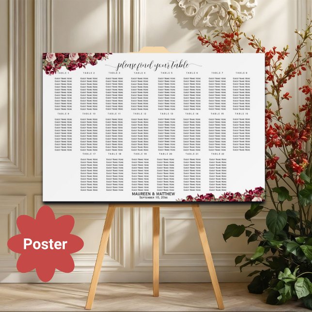Burgundi Blommigt 22 Bord Bröllop säten Poster (Skapare uppladdad)