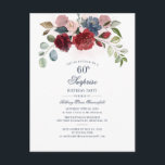 Burgundi Blommigt 60:e födelsedagen - överraskande Inbjudan Vykort<br><div class="desc">Blommigt 60:e födelsedagsbesöket från Burgundy Surprise Party-gruppen Postcard du kan enkelt anpassa för de flesta födelsedagar genom att klicka på knappen "Anpassa". Med elegant burgundi, dammblått, eukalyptus grey och rosa blommor med skript och modern typografi. TIP: Ta en titt på vår insamling av party i butiken med denna design om...</div>