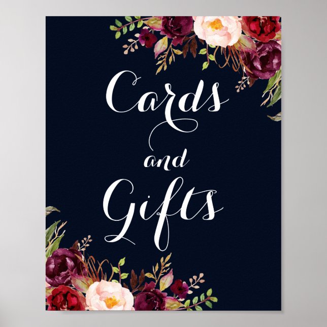 Burgundi-Blommigt-kort och gåvor till Bröllop Poster (Framsidan)