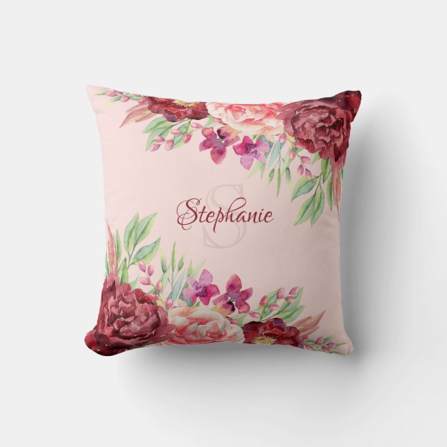 Burgundi  Blommigt Namn Monogram Kudde (Framsida)